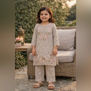 Girls Beige Embroidered Eid outfit Ready to Ship From Houston | Size 24 (3-4yr)